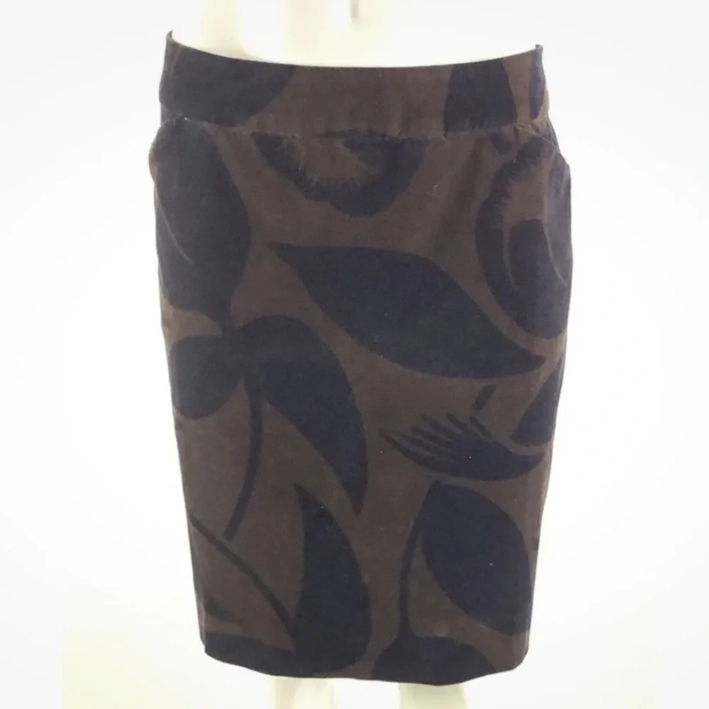 Boden Sz 12 Long Velour Floral Print A-Line Skirt Brown Cotton Elastane
